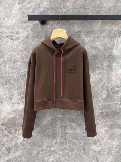 Replica Miu Miu Cotton fleece hoodie Cocoa Brown 2025 #6035 - Image 5