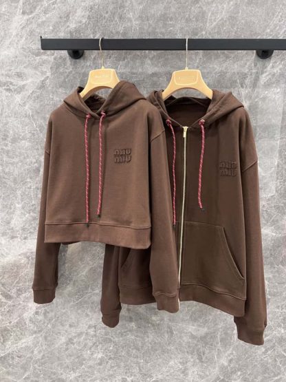 Replica Miu Miu Cotton fleece hoodie Cocoa Brown 2025 #6035 - Image 2