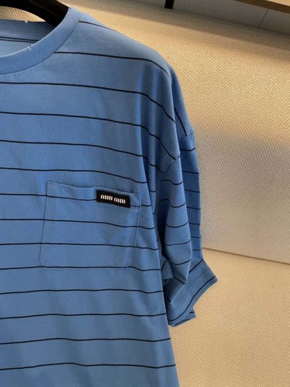 Replica Miu Miu Striped jersey T-shirt light blue 2025 #6110 - Image 9